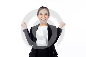 Portrait beautiful businesswoman in suit standing with glad and success isolated on white background.