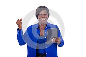 Portrait of a beautiful businesswoman with tablet, happy
