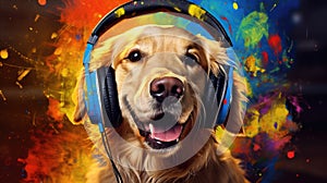 Portrait of a beautiful cheerful dog listening to music on headphones. Creativity and relaxation.