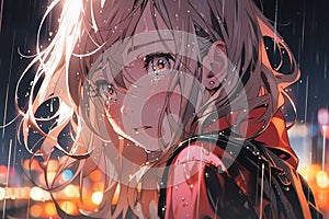 portrait of a beautiful crying young woman with blond hair in the rain in the city in anime style