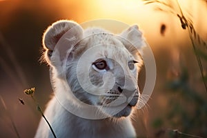 Portrait of a beautiful cute white lion cub - Generative AI art
