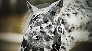 Portrait of a beautiful dapple gray horse grazing on a farm. Agricultural industry