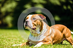 Portrait of a beautiful dog breed American Pit Bull Terrier in the park. American PitBull. Generative AI