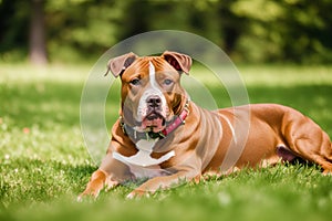 Portrait of a beautiful dog breed American Pit Bull Terrier in the park. American PitBull. Generative AI
