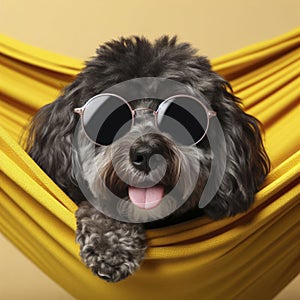 Portrait of beautiful dog with sunglasses on yellow fabric hammock isolated on color background. ai generative