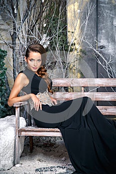 Portrait of beautiful elegant young woman in gorgeous evening dress over christmas background