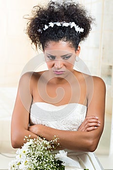 Portrait of beautiful exotic emotional bride