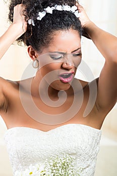 Portrait of beautiful exotic emotional bride