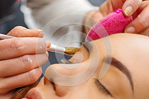 Portrait of beautiful face of young woman getting make-up. The artist is applying eyeshadow on her eyebrow with brush