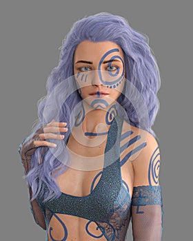 Portrait of beautiful fantasy mage woman with blue hair and tattoos. 3D rendering isolated on grey background with clipping path