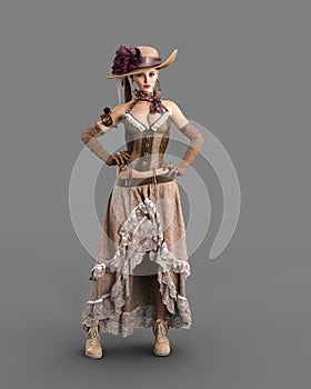 Portrait of a beautiful fantasy woman in Steampunk costume posing with hands on hips. 3D rendering isolated on grey