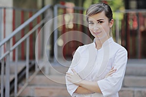 Portrait of a beautiful female doctor or nurse. Health concept