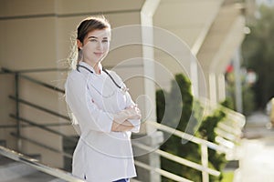 Portrait of a beautiful female doctor or nurse. Health concept