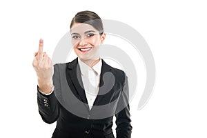 Portrait of beautiful female flight attendant showing obscene ge photo