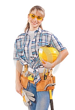 Portrait of beautiful female worker isolated on white background