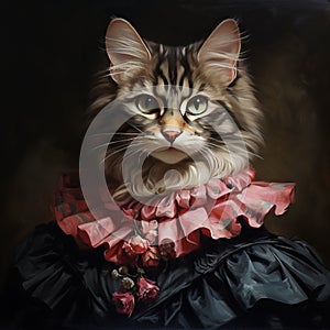 Portrait of a beautiful fluffy Maine Coon cat in a pink dress on a dark background Generative AI Generative AI