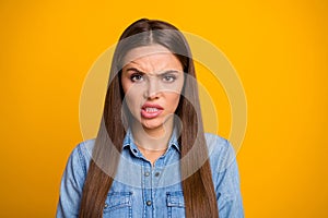 Portrait of beautiful frustrated girl have communication problem with her boyfriend grimace face teeth feel offense wear