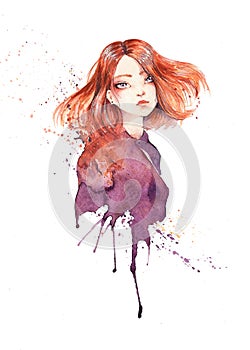 Portrait of beautiful ginger girl with a melancholic dreamy look