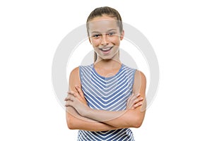 Portrait of beautiful girl of 10, 11 years old. Child with perfect white smile, isolated on white background