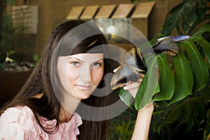 Portrait of beautiful girl with butterfly in a greenhouse