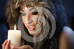 Portrait of beautiful girl close up in the attire of an Indian America