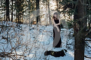 Portrait of a beautiful girl in a dark long dress who stands alone among the trees in the winter forest