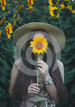 Portrait of a beautiful girl in a field of sunflowers. Warm summer shot of a girl in the field