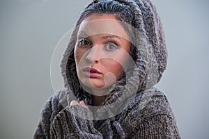 Portrait of beautiful girl with frost on face