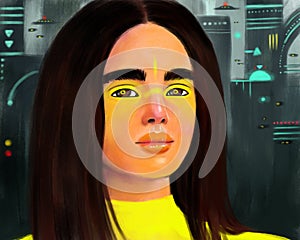 Portrait of a beautiful girl from the future against the background of the city of the future. urbanization of cities, neon lights