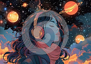 Portrait a beautiful girl with headphones is listening to music