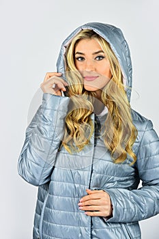 Portrait of beautiful girl in hood. stylish woman in casual style. Clothes shop fashion. express confidence and charm