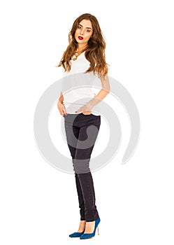 Portrait of beautiful girl in jeans and white t-shirt