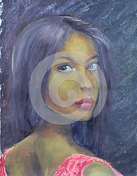 Portrait beautiful girl with long black hail painting