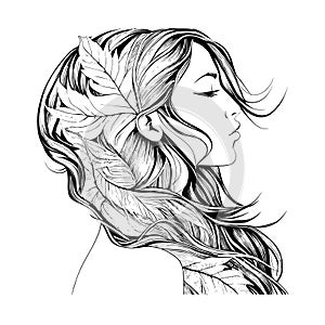 Portrait of beautiful girl with long hair in leaves sketch hand drawn Side view profile