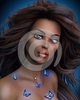 Portrait of a beautiful girl with long hair. Young woman with butterflies. 3D illustration