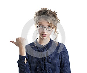 Portrait of a beautiful girl, showing a finger right away.