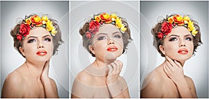 Portrait of beautiful girl in studio with yellow and red roses in her hair and naked shoulders. young woman
