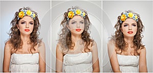Portrait of beautiful girl in studio with yellow roses in her hair and naked shoulders. young woman with professional makeup