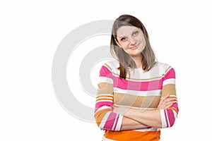 Portrait of a beautiful girl of thirty years of European appearance on a white background