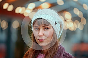 Portrait of beautiful girl walking on street in old town Tallinn