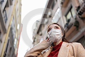 Portrait of beautiful girl wearing protective medical mask