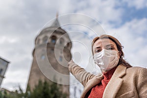 Portrait of beautiful girl wearing protective medical mask