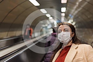 Portrait of beautiful girl wearing protective medical mask