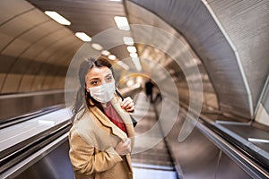 Portrait of beautiful girl wearing protective medical mask