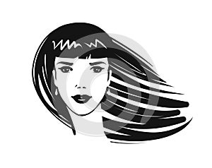 Portrait of beautiful girl, young woman with long hair. Beauty salon, spa, makeup, fashion, logo or symbol. Art sketch