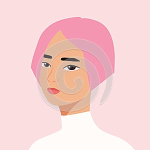 Portrait of a beautiful half turn stylish woman. Young pink haired girl. Fashion and beauty. Female. Avatar