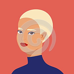 Portrait of a beautiful half turn woman. Young blonde girl with short hair. Fashion and beauty. Female. Avatar