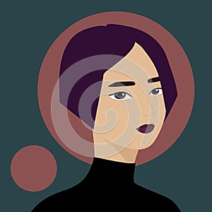 Portrait of a beautiful half turn woman. Young purple haired girl. Avatar for social networks