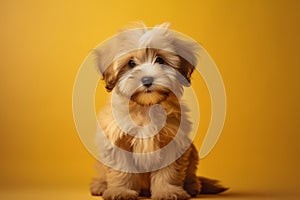 Portrait of Beautiful happy reddish havanese puppy dog on the orange background with copy space