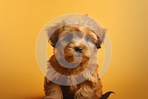 Portrait of Beautiful happy reddish havanese puppy dog on the orange background with copy space